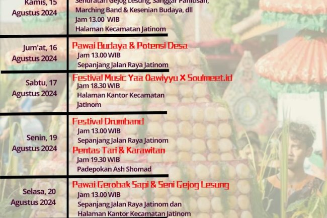 Hallo warga Klaten dan sekitarnya!! Kecamatan Jatinom akan menggelar Kegiatan Perayaan Yaa Qowiyyu Tahun 2024 yang akan digelar mulai tanggal 15 Agustus 2024 sampai dengan puncak acara 23 Agustus 2024 Tempat Sesuai Rundown Kegiatan Perayaan   Datang & Ramaikan Tradisi Perayaan Yaa Qowiyyu 2024 kali ini