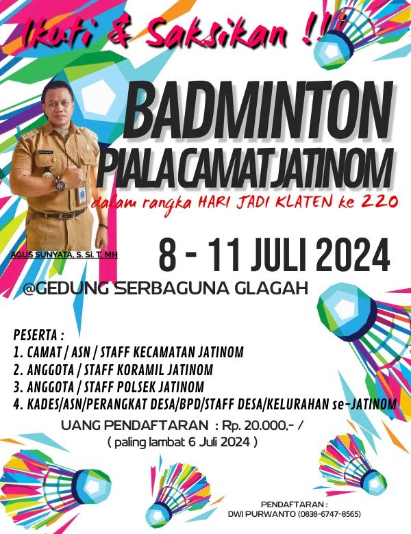 Pembukaan Turnamen Badminton Piala Camat Jatinom dalam rangka hari jadi Kabuapaten Klaten ke 220 