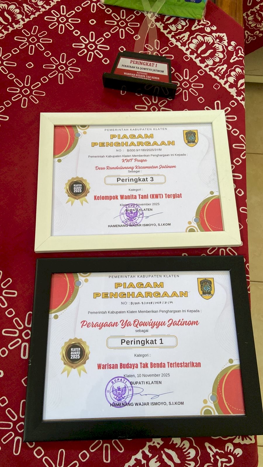 Anugerah Penghargaan Klaten Award Tahun 2025' Alhamdulilah Kecamatn Jatinom Mendapat Peringkat 1 Yaa Qowiyyu Kategori Warisan Budaya